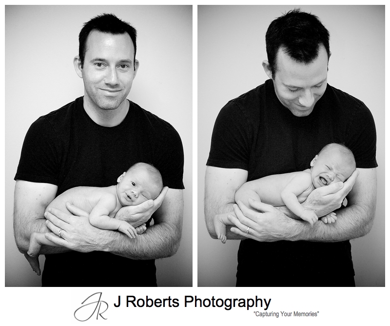 B&W portraits of a father holding his newborn son - sydney baby portrait photographer